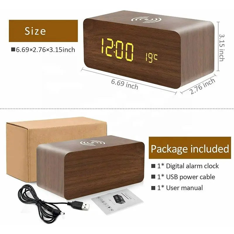 Wooden Digital Alarm Clock with Wireless Charging, LED Clock