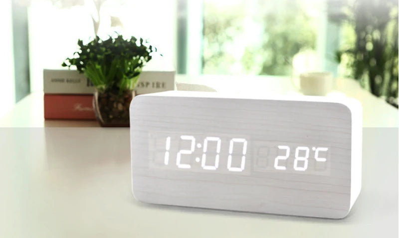Wooden Digital Alarm Clock with Wireless Charging, LED Clock