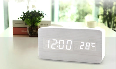 Wooden Digital Alarm Clock with Wireless Charging, LED Clock