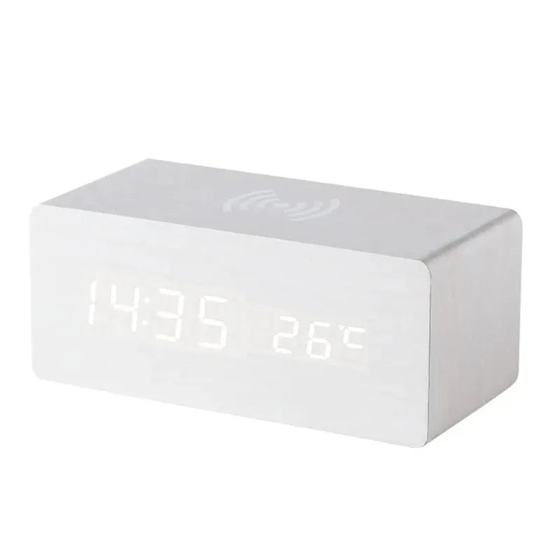 Wooden Digital Alarm Clock with Wireless Charging, LED Clock