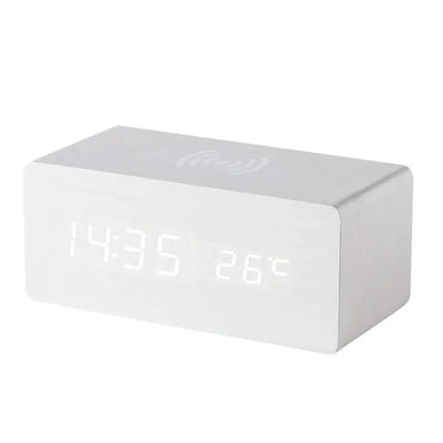 Wooden Digital Alarm Clock with Wireless Charging, LED Clock
