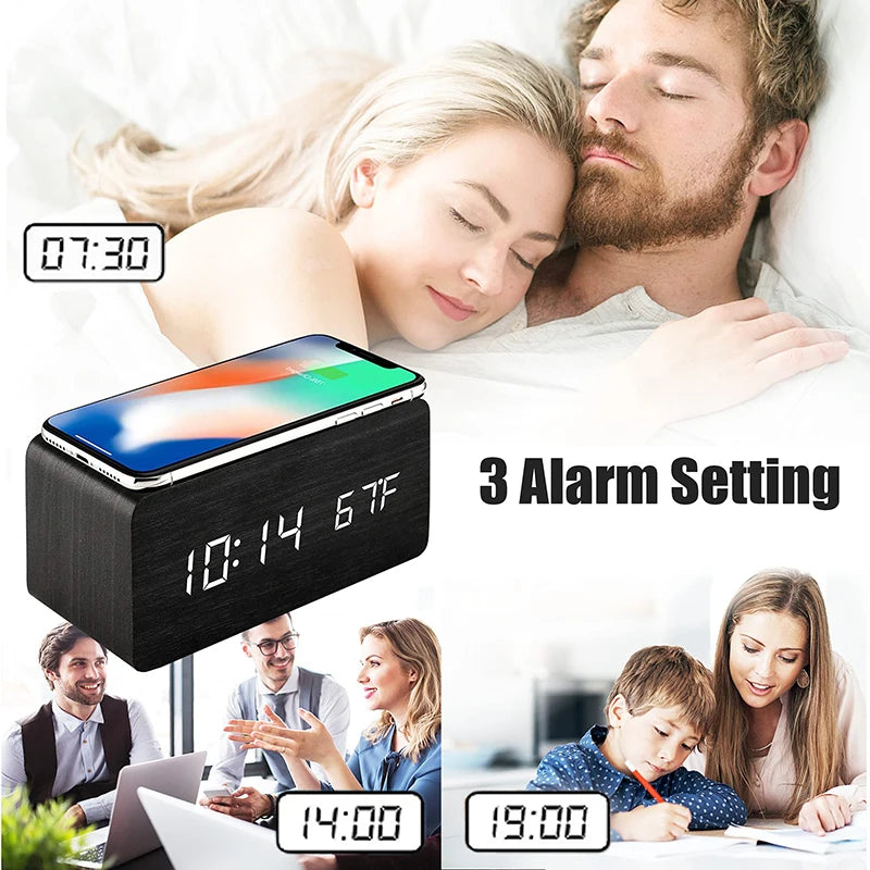 Wooden Digital Alarm Clock with Wireless Charging, LED Clock