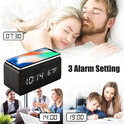 Wooden Digital Alarm Clock with Wireless Charging, LED Clock
