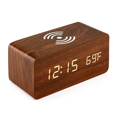 Wooden Digital Alarm Clock with Wireless Charging, LED Clock