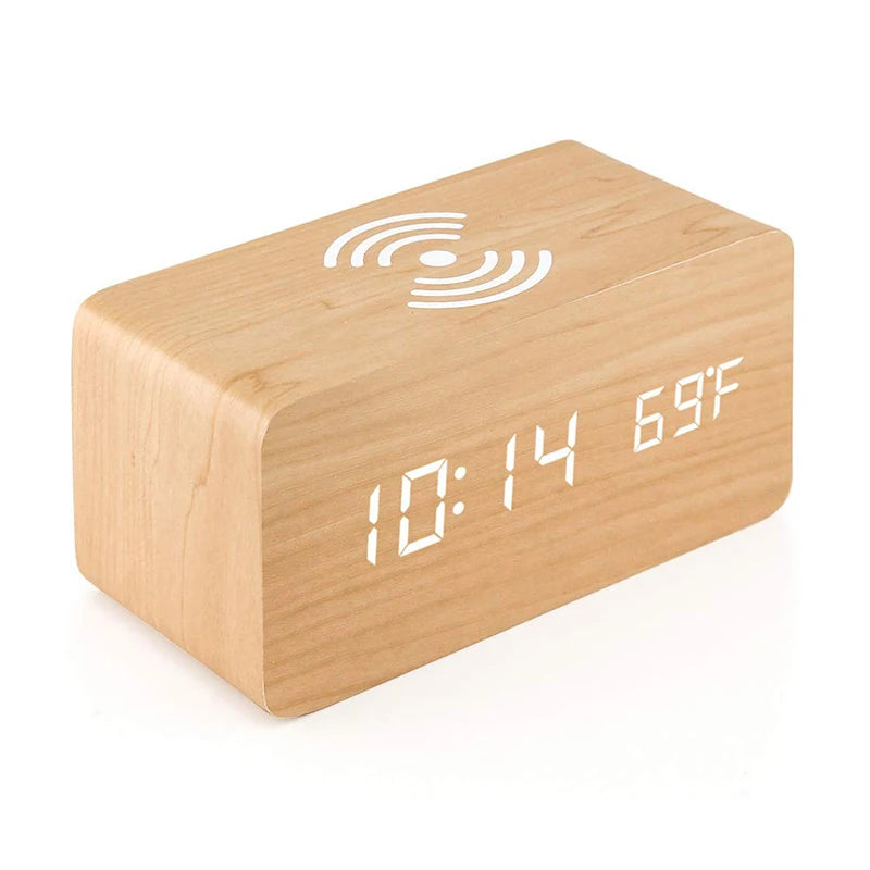 Wooden Digital Alarm Clock with Wireless Charging, LED Clock