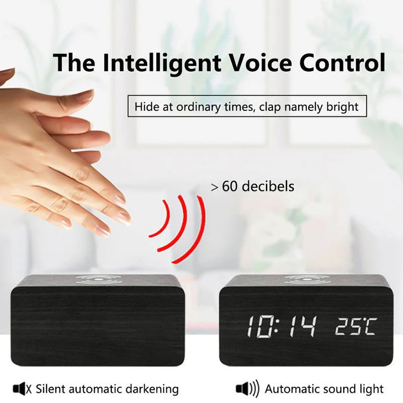 Wooden Digital Alarm Clock with Wireless Charging, LED Clock