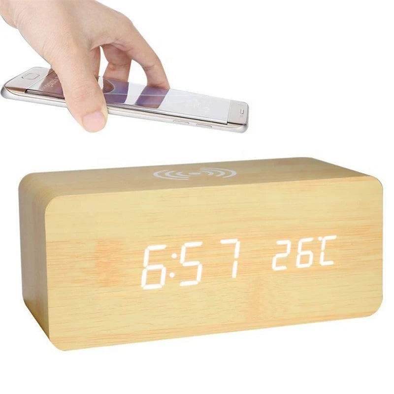 Wooden Digital Alarm Clock with Wireless Charging, LED Clock