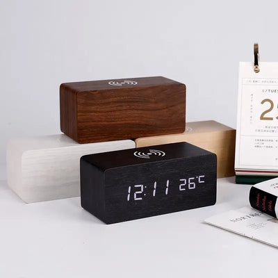 Wooden Digital Alarm Clock with Wireless Charging, LED Clock