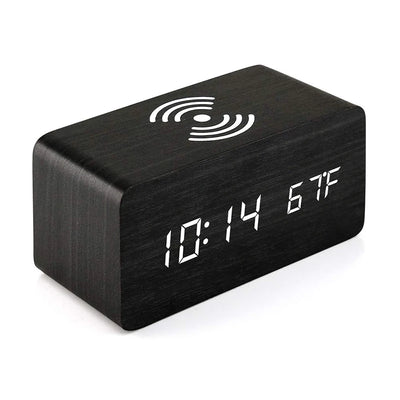 Wooden Digital Alarm Clock with Wireless Charging, LED Clock