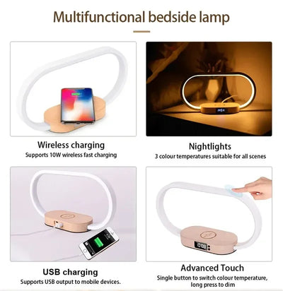 Wireless Charger Multifunction  Pad Stand Clock LED Desk Lamp