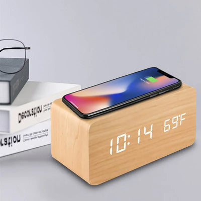 Wooden Digital Alarm Clock with Wireless Charging, LED Clock