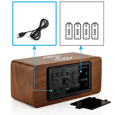 Wooden Digital Alarm Clock with Wireless Charging, LED Clock