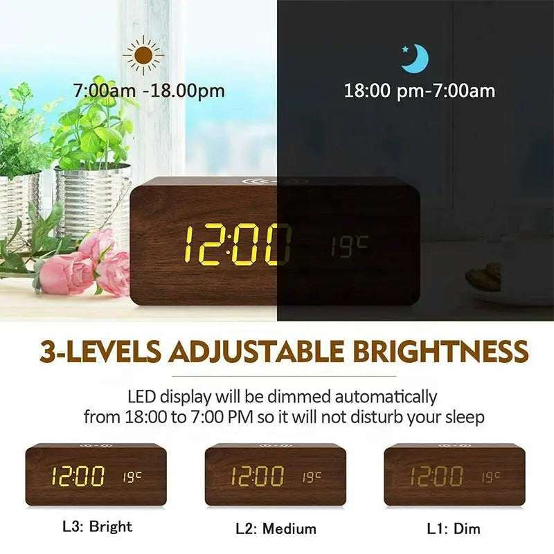 Wooden Digital Alarm Clock with Wireless Charging, LED Clock