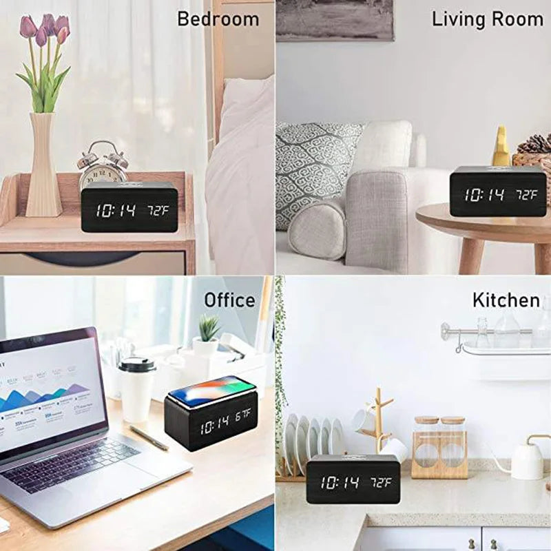 Wooden Digital Alarm Clock with Wireless Charging, LED Clock