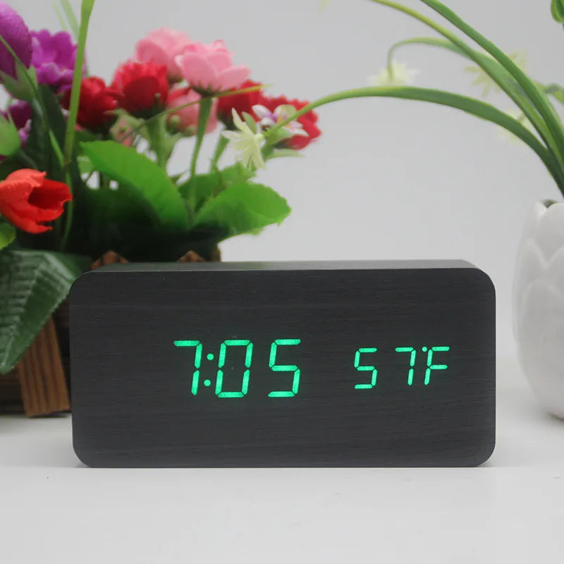 Wooden Digital Alarm Clock with Wireless Charging, LED Clock