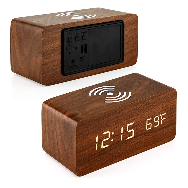 Wooden Digital Alarm Clock with Wireless Charging, LED Clock