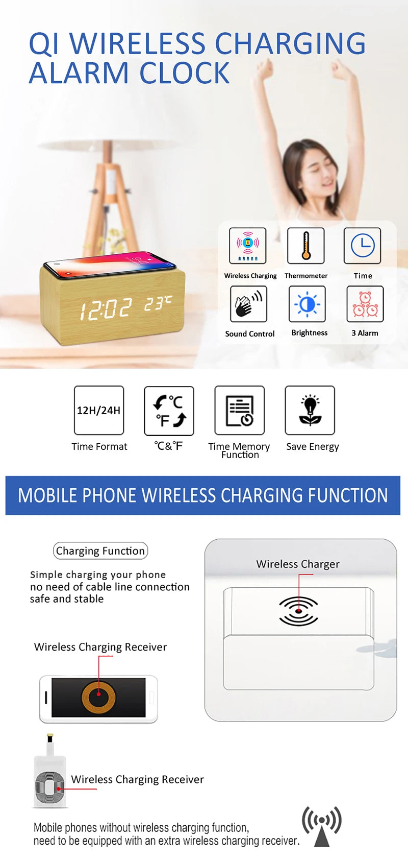 Wooden Digital Alarm Clock with Wireless Charging, LED Clock