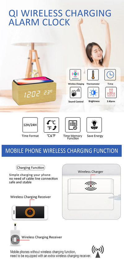 Wooden Digital Alarm Clock with Wireless Charging, LED Clock
