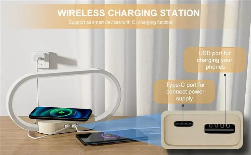 Wireless Charger Multifunction  Pad Stand Clock LED Desk Lamp