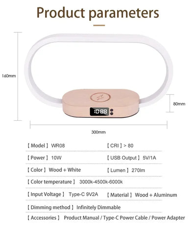 Wireless Charger Multifunction  Pad Stand Clock LED Desk Lamp
