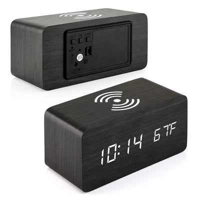 Wooden Digital Alarm Clock with Wireless Charging, LED Clock