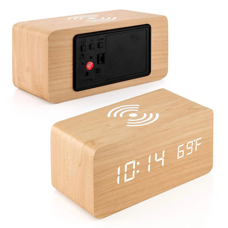 Wooden Digital Alarm Clock with Wireless Charging, LED Clock