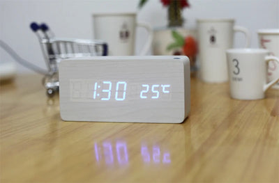 Wooden Digital Alarm Clock with Wireless Charging, LED Clock