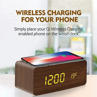 Wooden Digital Alarm Clock with Wireless Charging, LED Clock